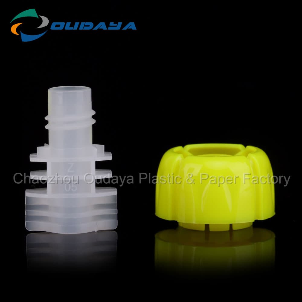 Plastic child proof cap and spout for jelly bag